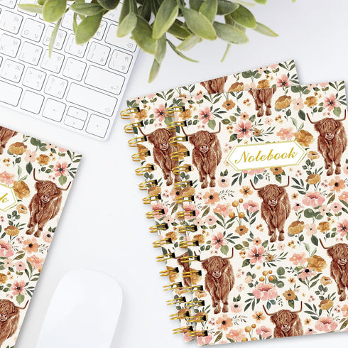 Highland Cow Floral Spiral Journal Notebook, 80 Sheets, A5 Watercolor Flower Cow, College Ruled Notebook, Strong