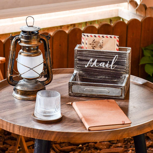 Farmhouse 2 Tier Mail Organizer, Rustic Wooden Desk Mail Holder, Countertop Letter Sorter, Office Desk Accessories