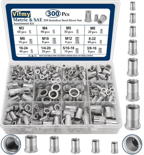 Vifmy Metric & SAE Rivet Nut Assortment Kit(300 Pcs), M3 M4 M5 M6