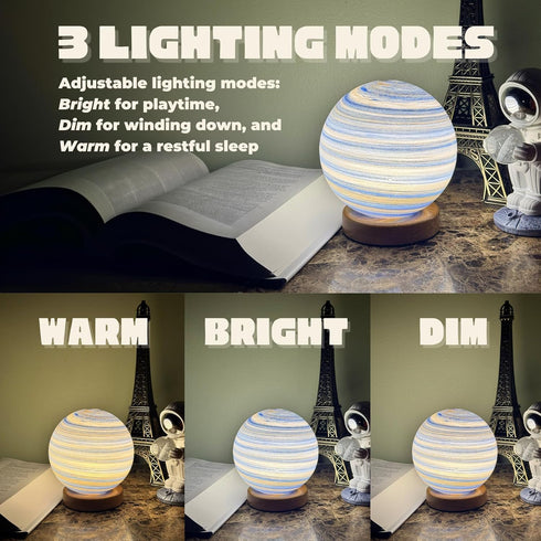 Pexylun 3 Dimmable White Planet Night Light Glass Bedside with Wooden Base Modes - Swirl Planet Table Lamp for Bedroom