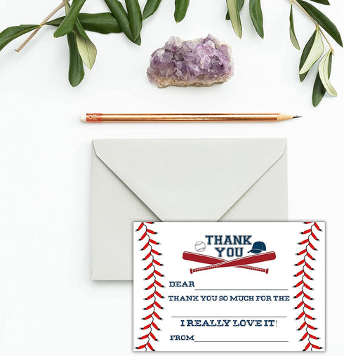 TENTADO 20 Count 4X6 inch. Baseball Thank You Cards, Baseball Thank You Cards with Envelopes, Kids Fill in the Blank
