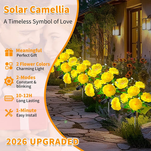 4PK 7-Stem 2 Neporal Solar Flowers Outdoor Waterproof, Yellow Camellia with Lighting Modes & Romantic Warm Light, Solar