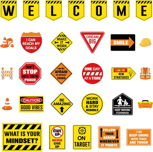 Zonon 36 Pcs Construction Bulletin Board Decorations Welcome Classroom Sign Positive Poster Banner for School