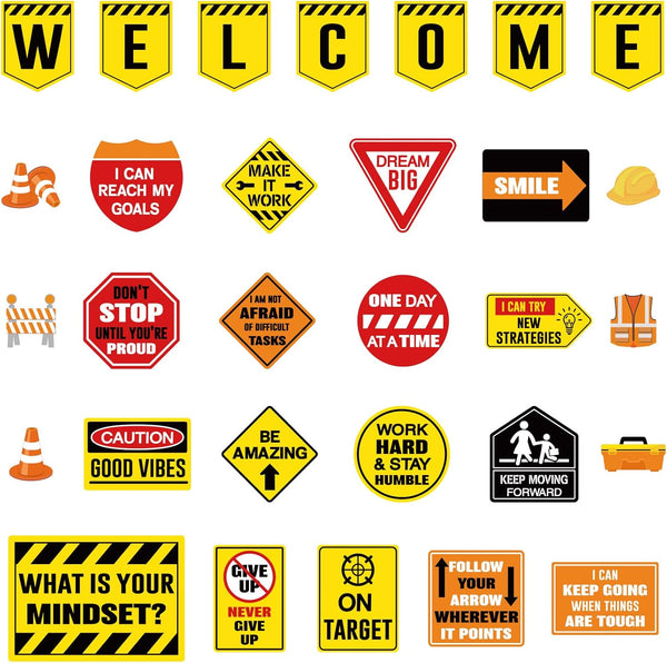 Zonon 36 Pcs Construction Bulletin Board Decorations Welcome Classroom Sign Positive Poster Banner for School