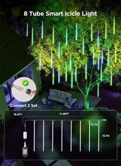 8Tube 128LED 11.48ft Smart Meteor Shower Rain Lights, Color Changing Icicle Christmas Lights Outdoor Outside, APP