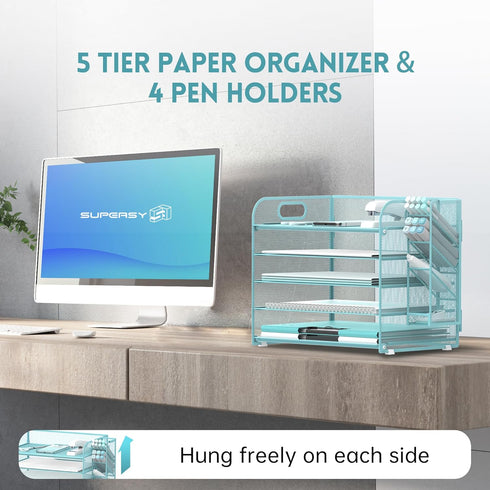 SUPEASY 5 Tier Desk Organizer with Handle & Removable Pen Holders, Blue Mesh Paper/File Organizer for Desk