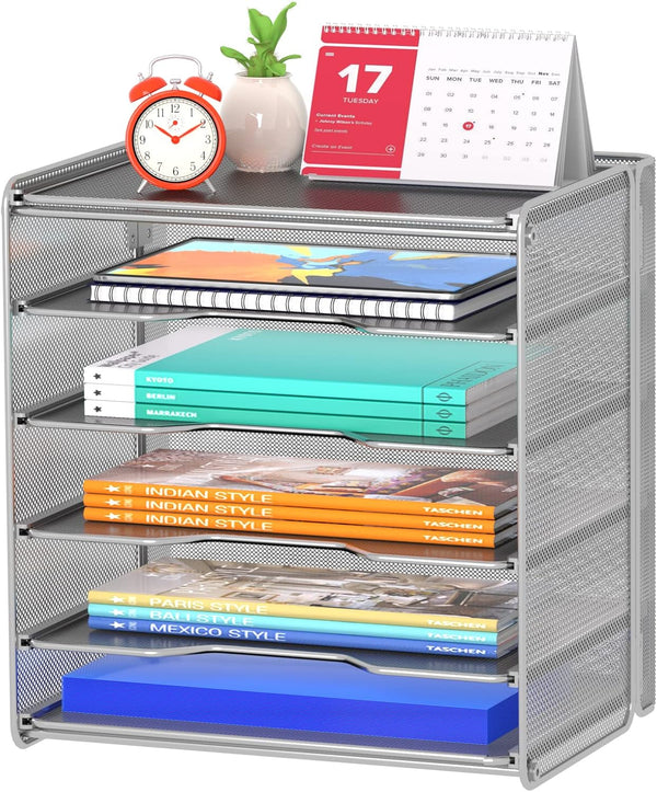Samstar Metal Desk File Organizer, 5 Tier Shelf and Sorter, Silver