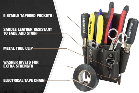 Southwire POUCH4 Leather Tool Pouch, 5 Pocket with Electrical Tape Chain, Dark Brown