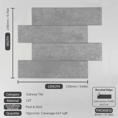 10-Sheet W&S Peel and Stick Matte Warm Grey Subway Tile,Stick on Backplash for Kitchen,Thicker Waterproof Luxury