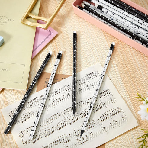 Music Note Pencils, Music Themed Round White Black Pencils with Eraser for School Office Supplies, 7 Inches (24 Pieces)