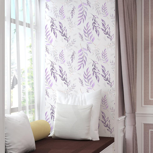 17.5" 393.7", Countertop White Purple Leaf Wallpaper Peel and Stick, Botanical Leaves Contact Paper x Modern Vinyl Wall