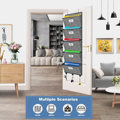 homyfort Over the Door File Organizer, Hanging Wall File Folders with 5 Large Pockets for Papers, Charts, Mails, Office