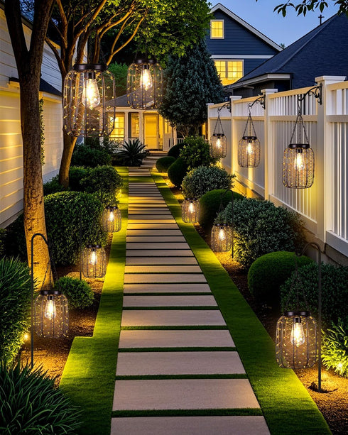 2 Pack Hanging Solar Lanterns Outdoor Waterproof, Vintage Copper Hanging Lantern Lights for Outside, Solar Chandelier
