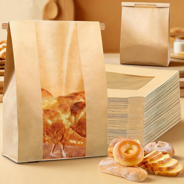 100 Pcs Large Bread Bags with Tin Tie & Clear Window, 14"x8.3"x3.5"