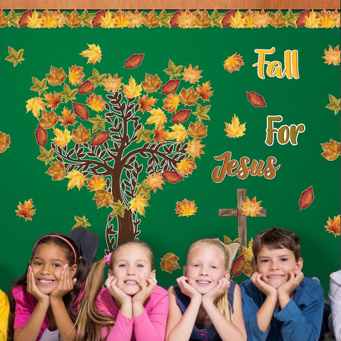 CY2SIDE Fall for Jesus Bulletin Board - 109PCS, Fall Maple Leaves Love Tree Set with Watercolor Cross Cutouts