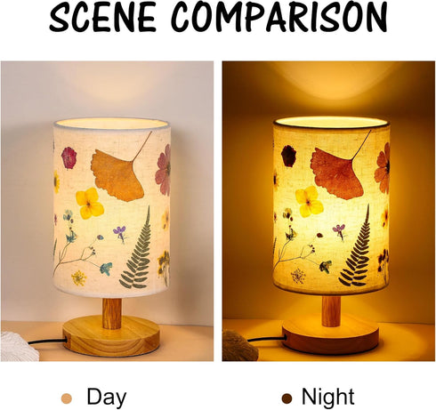 WSYEAR Pressed Flowers Bedside Lamp, Charming Floral Table Lamp with Wood Base for Bedroom