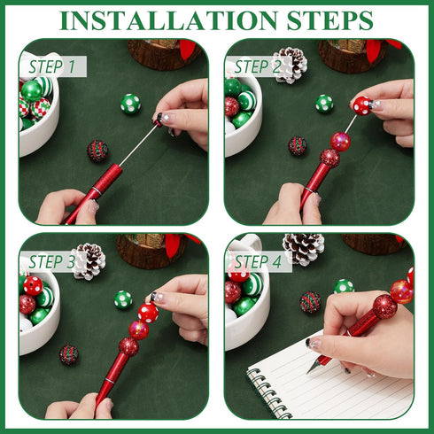 Whaline 15Pcs Christmas Beadable Pen, Red Green Silver Ballpoint Gel Ink Pen with 50 Colorful Beads, 100 Rhinestone