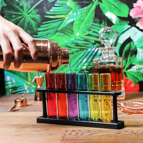 Juvale 4 Pack Plastic Test Tubes with Rack for Parties, Plant Propagation, Shot Glasses Holder for Science Themed Birthday Party, Pouring and Storing Liquids, 6 Colors (1.5 Ounces)