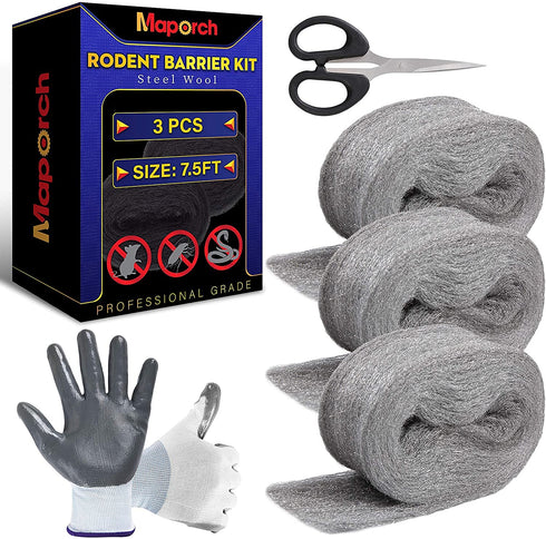 MAPORCH Steel Wool for Mice Control - 3 Pack, 3.2"x7.5 ft Wool, DIY Bundle with Gloves & Scissors for Home & Garage