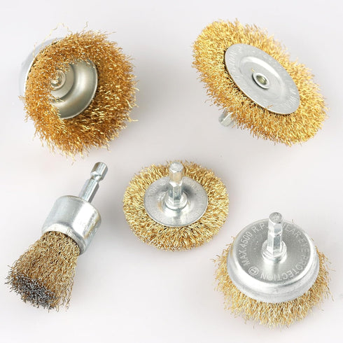 5 Pcs Wire Brush Wheel for Drill - Brass Wire Brush, 1/4 Inch Hex Shank for Rust Removal