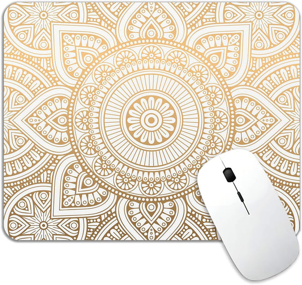 Mouse Pad, White & Gold Mandala Pattern Rectangular Non-Slip Rubber Mouse Mat for Office