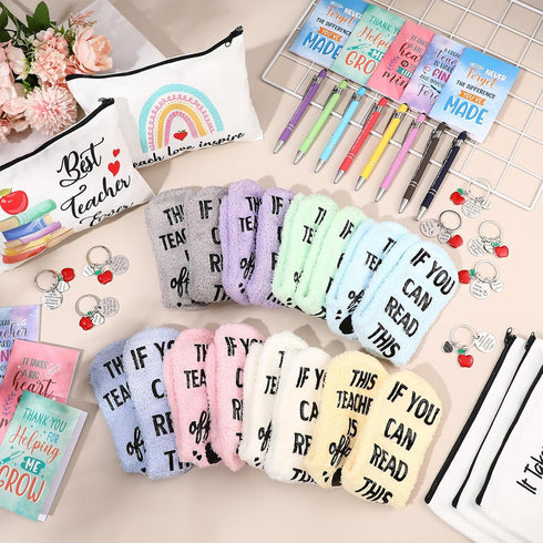 Fulmoon 40 Pcs Teacher Appreciation Gift Set - Novelty Casual Socks, Makeup Bag, Keychain, Mini Notebooks, Ballpoint