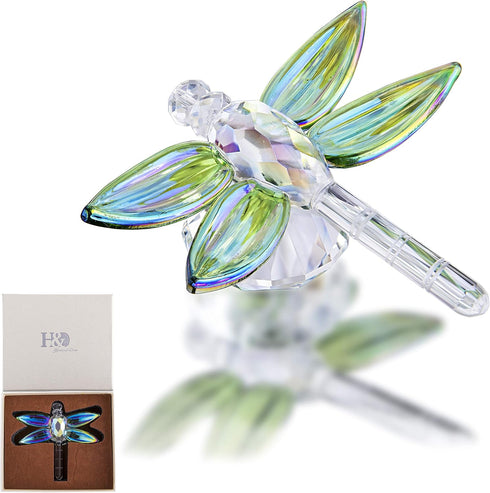 H&D HYALINE & DORA Crystal Dragonfly Figurine Gift - Green Diamond Decor Collectible Paperweight for Home Party