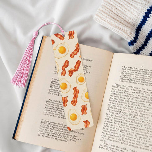 ZEYARUIBO Fried Egg & Bacon Wood Bookmark Vintage Fun Cartoon Patterns with Tassels Suitable for Book Lovers