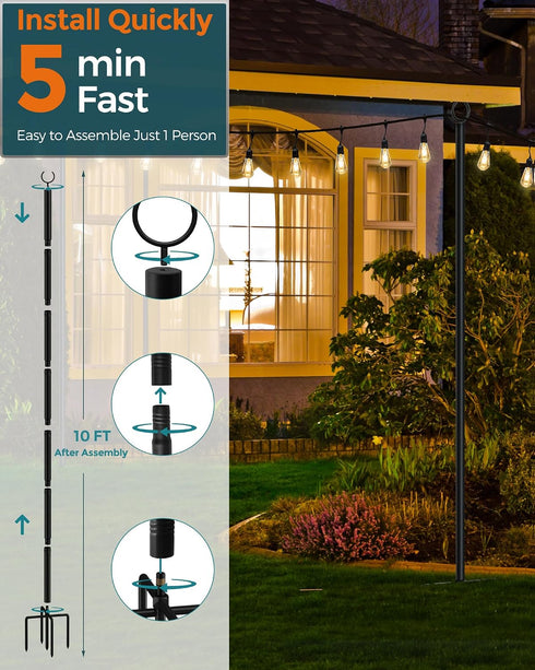 2 Pack 5-Prong (10FT) FLP02B LANDVOI Metal String Light Poles for Outside Hanging - Backyard, Garden, Patio, Lighting