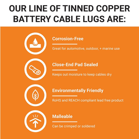 SELTERM 10pcs 2 AWG-3/8" Stud Tinned Copper Wire Lugs, Heavy Duty Battery Cable Ends, UL Battery Lugs