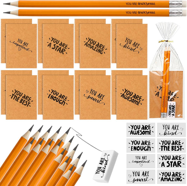 Spakon 48 Inspirational Mini Notebooks, 96 Motivational Pencils, Fun Erasers Gift Bag for Students