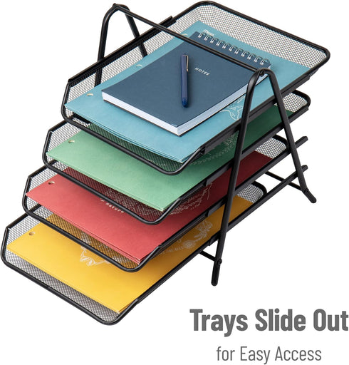 Mind Reader 4-Tier Paper Tray, Desktop Organizer, Metal Mesh, 12"L x 13.75"W x 12.5"H, Black