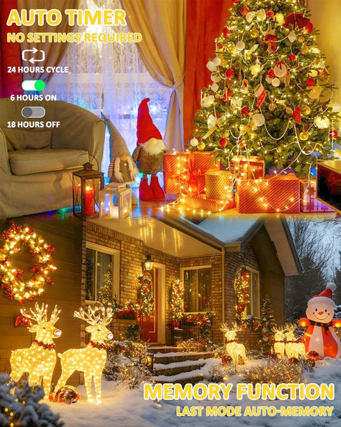 2 Pack 66FT 200 8 String Lights Battery Operated with Timer, LED Waterproof Battery Twinkle Lights, Modes Fairy Light