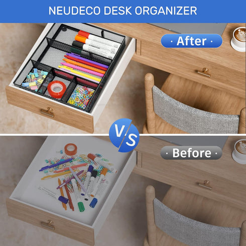 Desk Drawer Organizer with 6 Adjustable Dividers, Metal Pen Organizer for Office Supplies (Pack 4, Black)