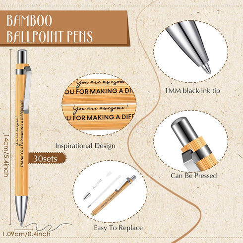 Yeaqee 30 Sets Inspirational Notebook, Bulk Notepad with Motivational Bamboo Ballpoint Pen for Employee Retirement Gift