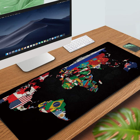 RTGGSEL 31.5x11.8 Inch Non-Slip Long Extended Gaming Mouse Pad with Stitched Edges (Black World Flag Map)