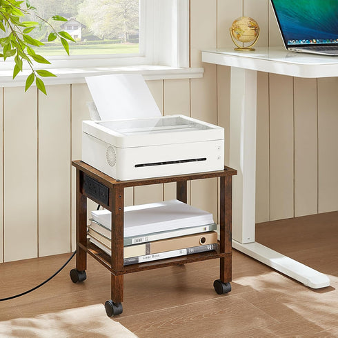 YUFAM 2 Tier Under Desk Printer Stand with Storage, Small Printer Table with Charging Station, Rolling Printer Cart