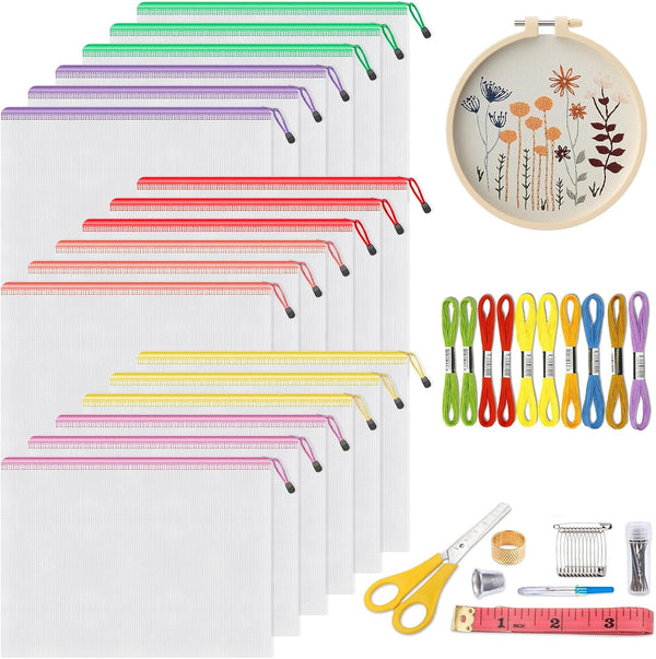 Umriox Zipper Mesh Document Pouch, 14.9x11.0 (6 Colors, 18 Packs) - Clear Waterproof Zipper Pouches for Craft Storage