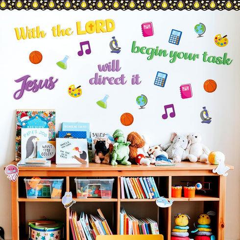 BeYumi Christian Bulletin Board - 88Pcs Back to School Decor with Jesus Cross Cutouts, Faith Border Trim