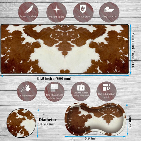 VSOJSOJKE Set Large Game Mouse Pad + Wrist Support Pad + Coffee Coaster, Brown Cow Print Pattern Foldable Table Mat