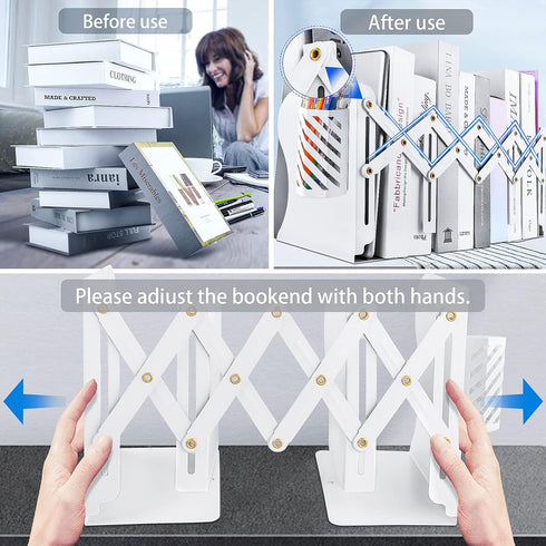 Heavy Duty Book Ends with Pen Holder - Adjustable Metal Book Ends for Shelves, Black Binder Organizer for Desk