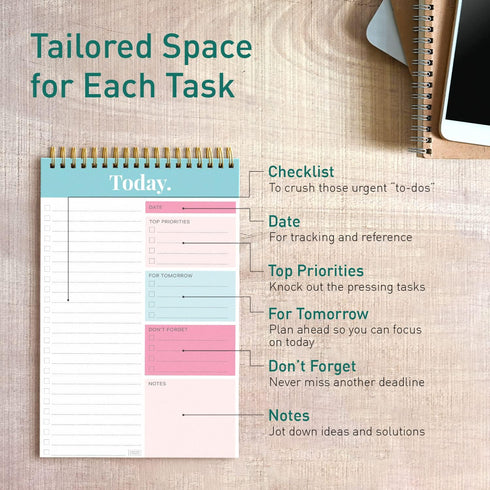 S&O Daily Planner Notepad for Productivity, 52 Page Daily To Do Planner, Undated Organizer, Coiled Daily Task Planner