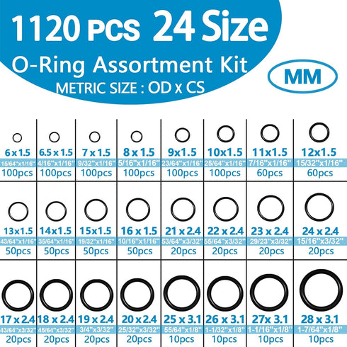 24 Size Rubber O Ring Set,1120 Pcs Black Small O Rings Assortment Kits,Assorted Metric Sealing Washer for Auto Plumbing Faucet Water Air or Gas Repair