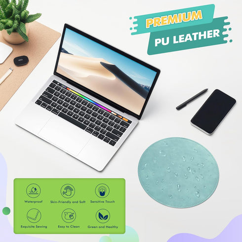 Round PU Mouse Pad, Leather Mouse Pad with Stitched Edge, Non-Slip Waterproof for Computers, 9 x 9 Inch (Light Blue)