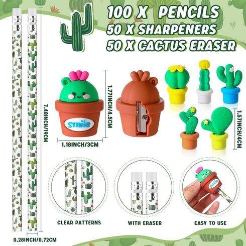 Fuyoooo Set Supplies(50 Sets) Cactus Back to School Gifts Bulk for Students Cactus Stationery with Pencils Erasers