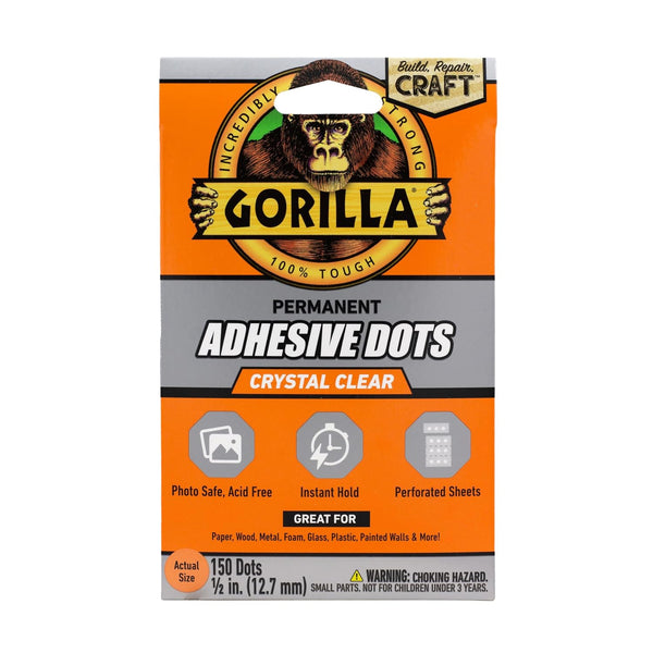 Gorilla Permanent Adhesive Dots, Double-Sided Clear, 0.5" Diameter, 150 Pieces, Photo Safe
