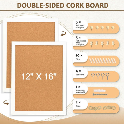Double-Sided Cork Board for Wall, 16" x 12" Hanging Wood Framed Bulletin Board, Picture Display for School Office