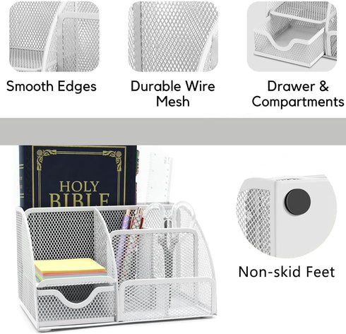 White Office Desk Accessories, 12pcs Organizers with Tape Dispenser, Stapler, Scissors, Ruler, Sticky Tabs, Clips Set