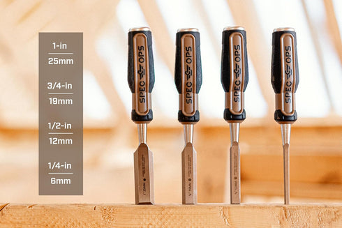 Set 4-Piece, 3% Spec Ops Tools Wood Chisel with High-Carbon Steel Blades, Shock-Absorbing Grip, Donated to Veterans