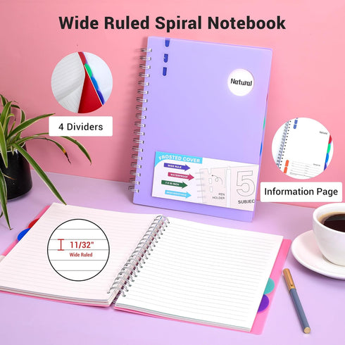 FLYING EAGLE 5 Subject Wide Ruled Spiral Notebook, 204 Pages, 7" x 10", Large Hardcover Notebooks for School